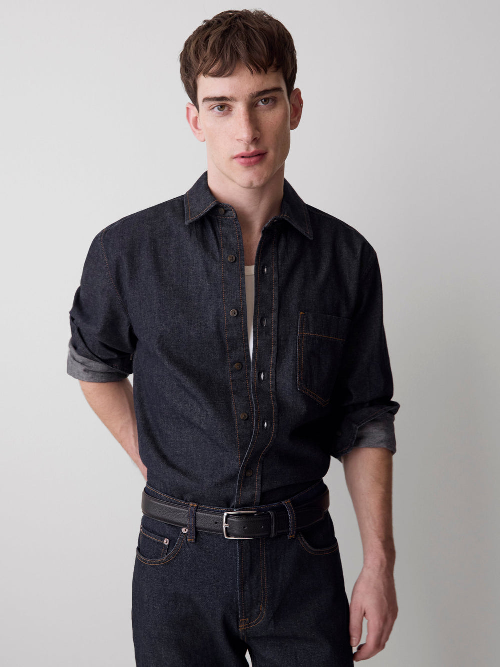 Long-Sleeve Raw Denim Shirt with Chest Pocket rw&co Exclusive Sale Price