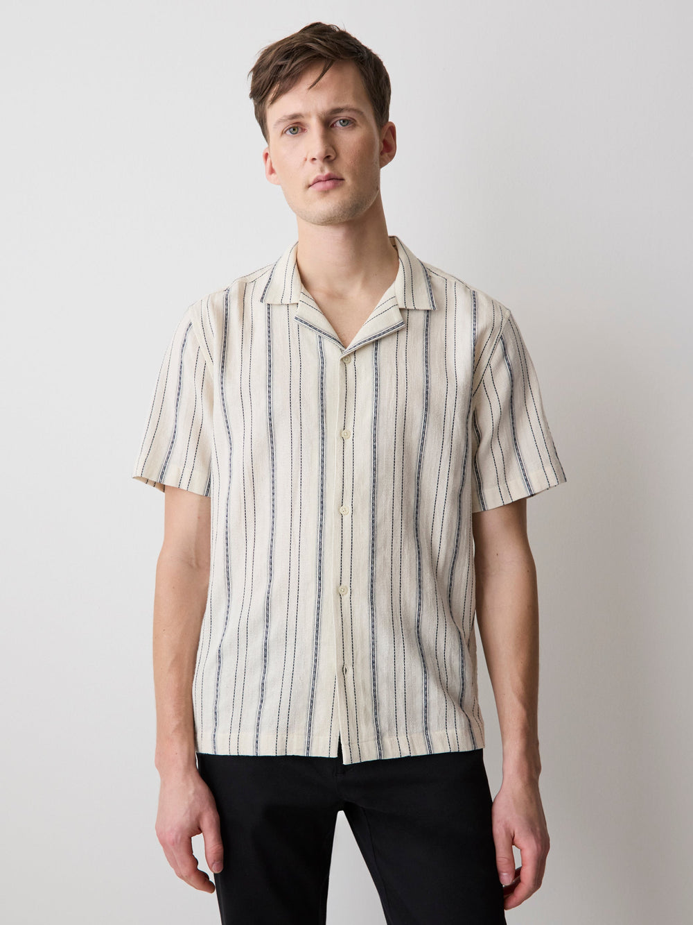 Striped Short-Sleeve Textured Shirt with Camp Collar rw&co Special Promo Price
