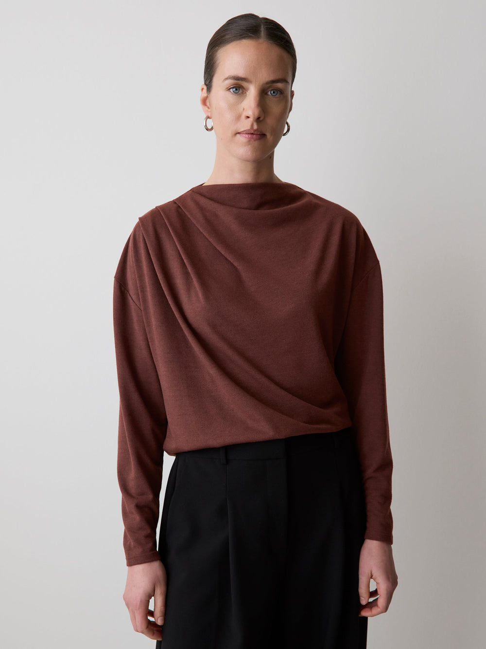 Long-Sleeve Top with Draped Crew Neckline rw&co Limited Time Discount