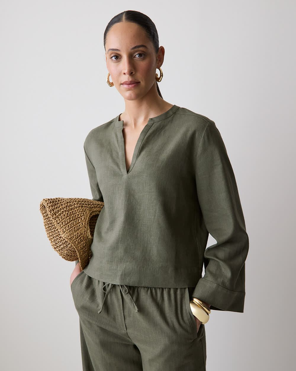 Linen Long-Sleeve Popover Blouse rw&co Special Promo Price