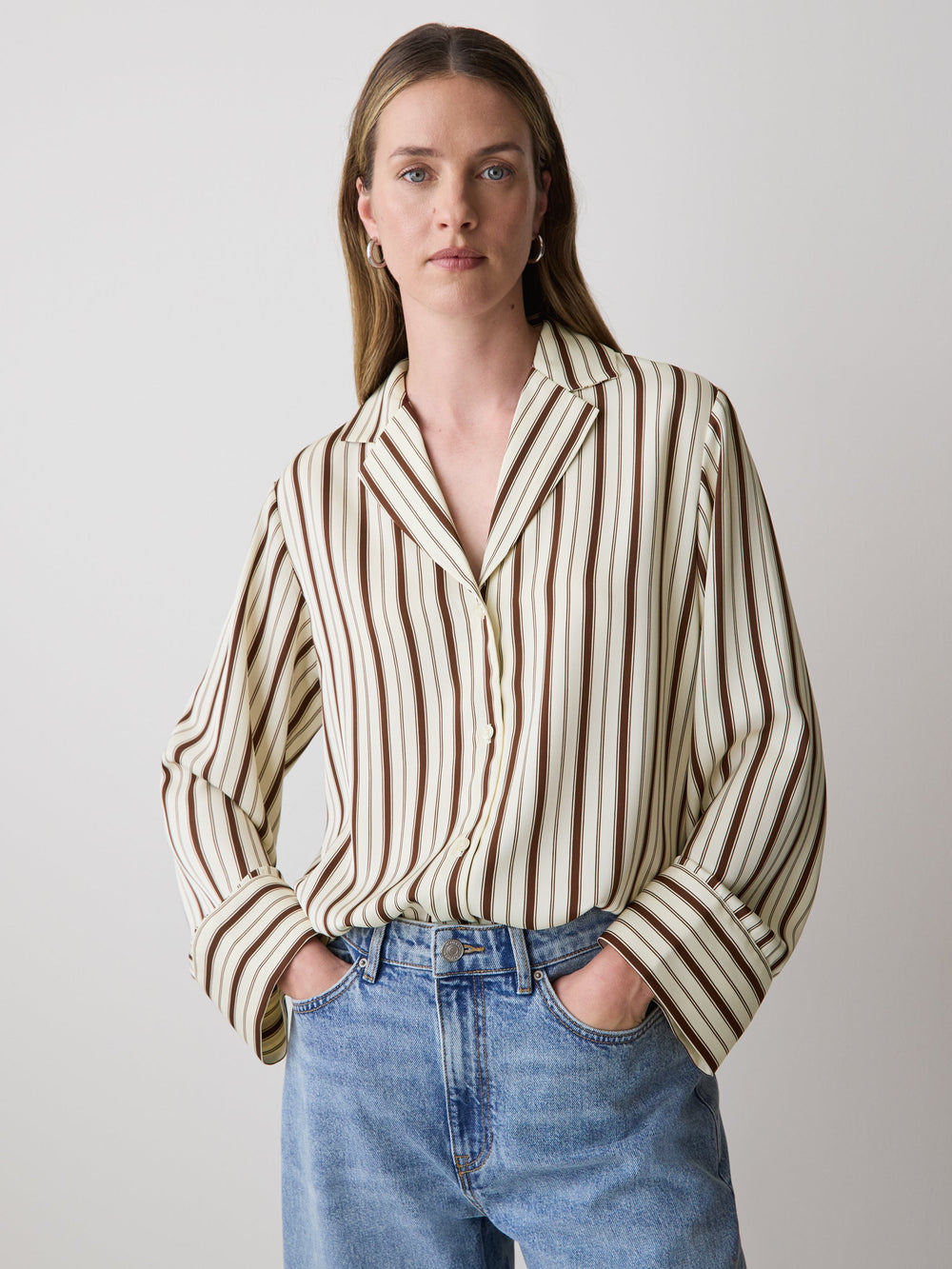 Long-Sleeve Twill Blouse with Notch Collar rw&co Exclusive Sale Price