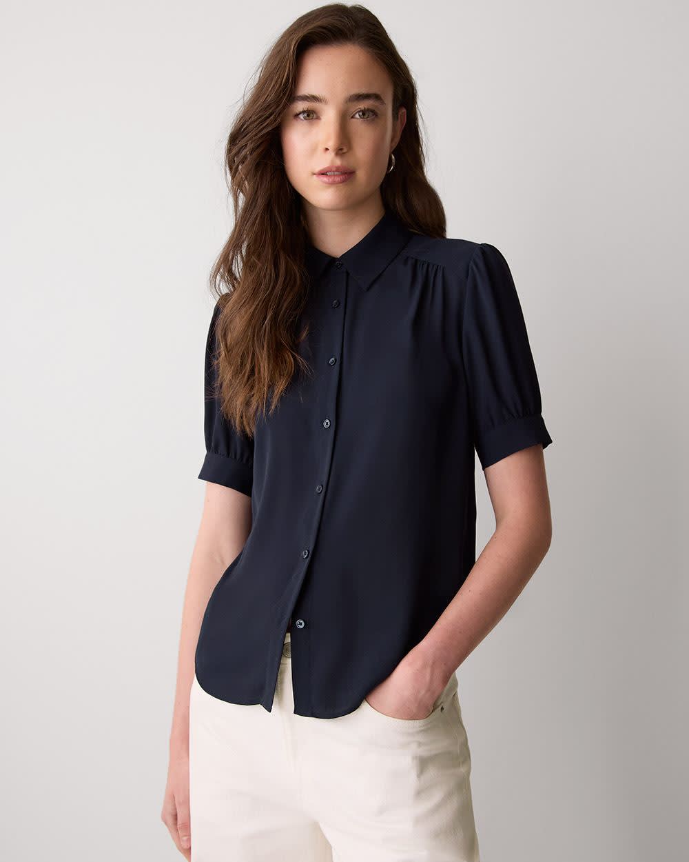 Silky Crepe Short-Sleeve Buttoned-Down Blouse rw&co On Sale