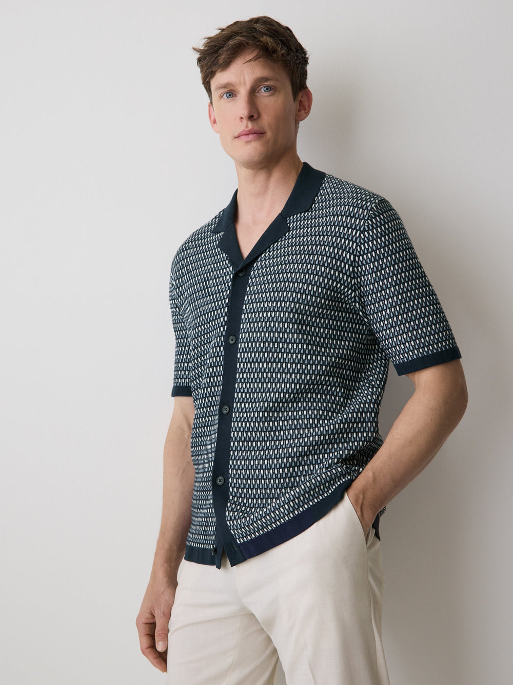 Striped Short-Sleeve Shirt Sweater with Camp Collar rw&co Special Offer