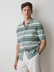 Striped Short-Sleeve Sweater with Shirt Collar rw&co Exclusive Sale Price