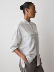 Striped Long-Sleeve Buttoned-Down Blouse with Pockets rw&co Special Promo Price