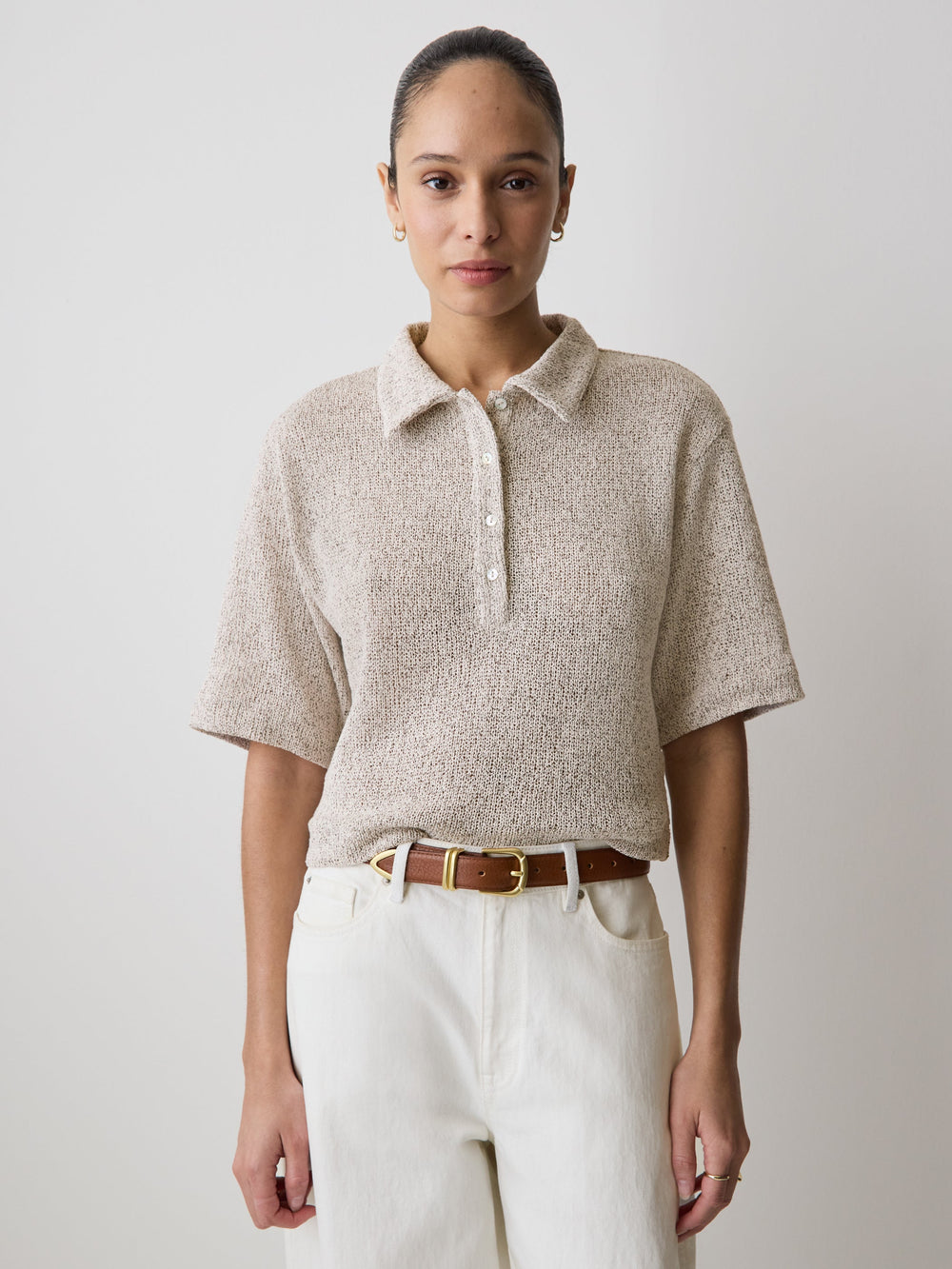 Elbow-Sleeve Relaxed-Fit Polo Top rw&co Great Value Deal
