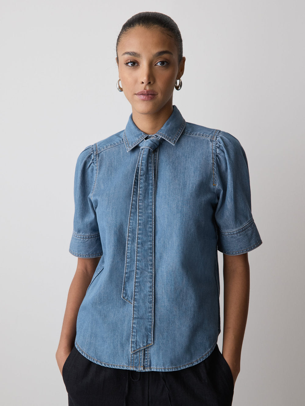 Short-Sleeve Denim Blouse with Shirt Collar rw&co On Sale
