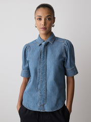 Short-Sleeve Denim Blouse with Shirt Collar rw&co On Sale
