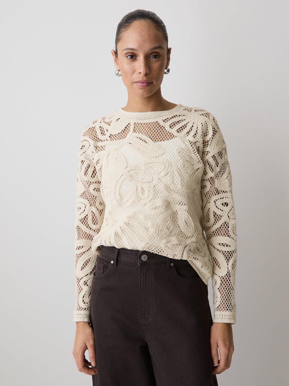 Long-Sleeve Crew-Neck Top with Crochet Details rw&co Limited Time Discount