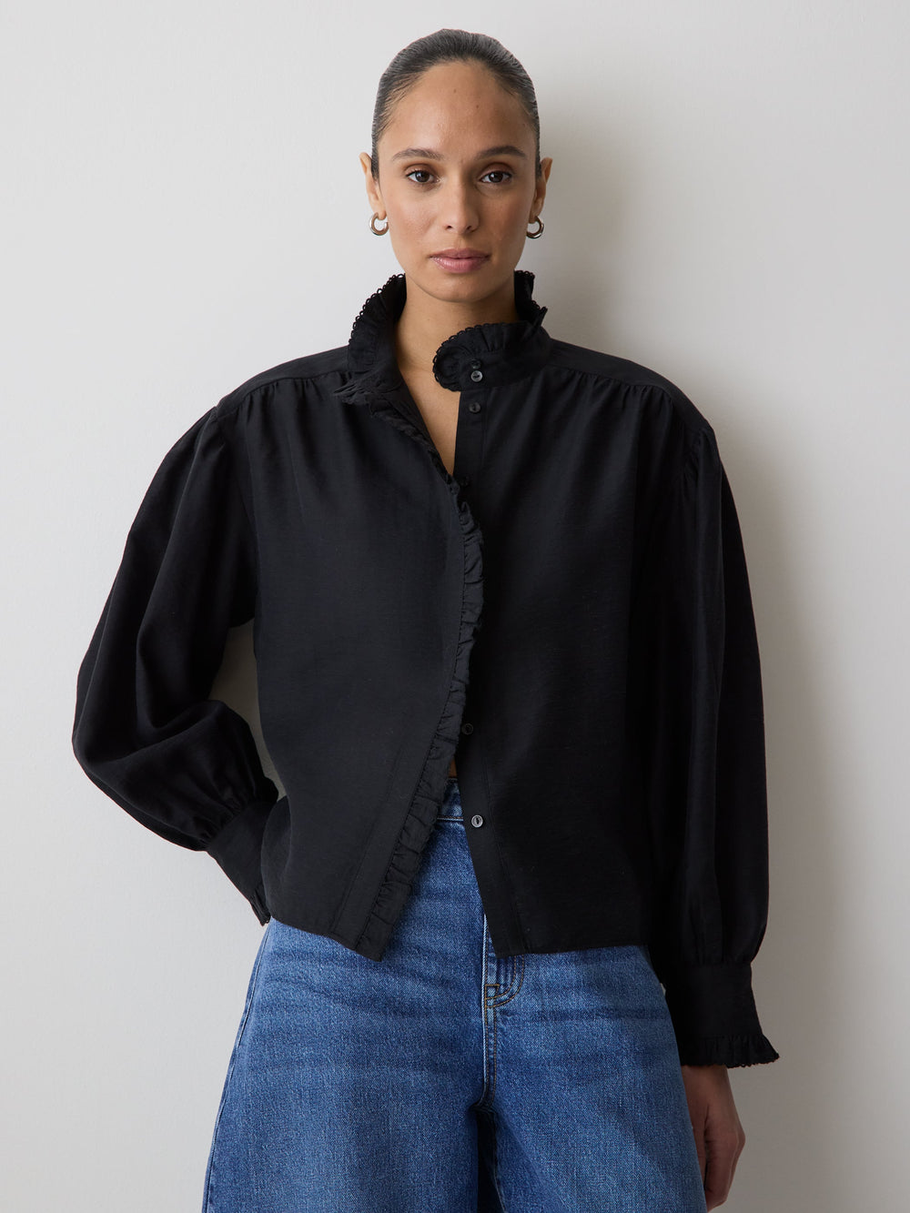 Long-Sleeve Crew-Neck Blouse with Ruffles rw&co Limited Time Discount