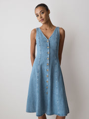 Denim Sleeveless V-Neck Midi Dress rw&co On Sale
