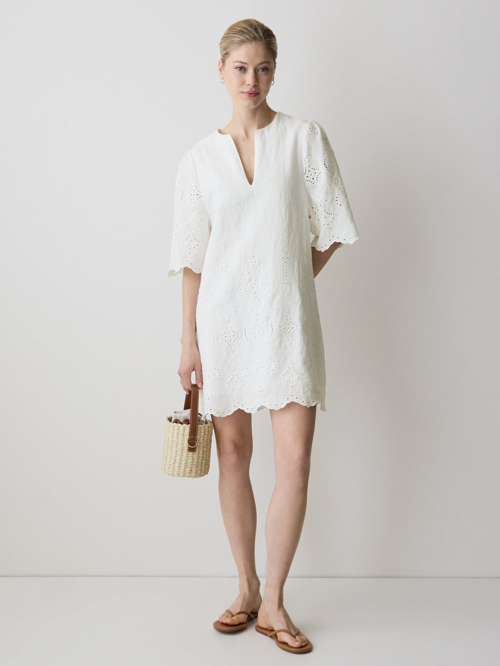Split-Neck Flare Mini Dress with Embroideries rw&co Great Value Deal