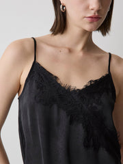 Sleeveless V-Neck Satin Blouse with Lace Trim rw&co Limited Time Discount