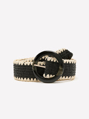 Black and Beige Raffia Belt with Round Buckle rw&co Special Offer