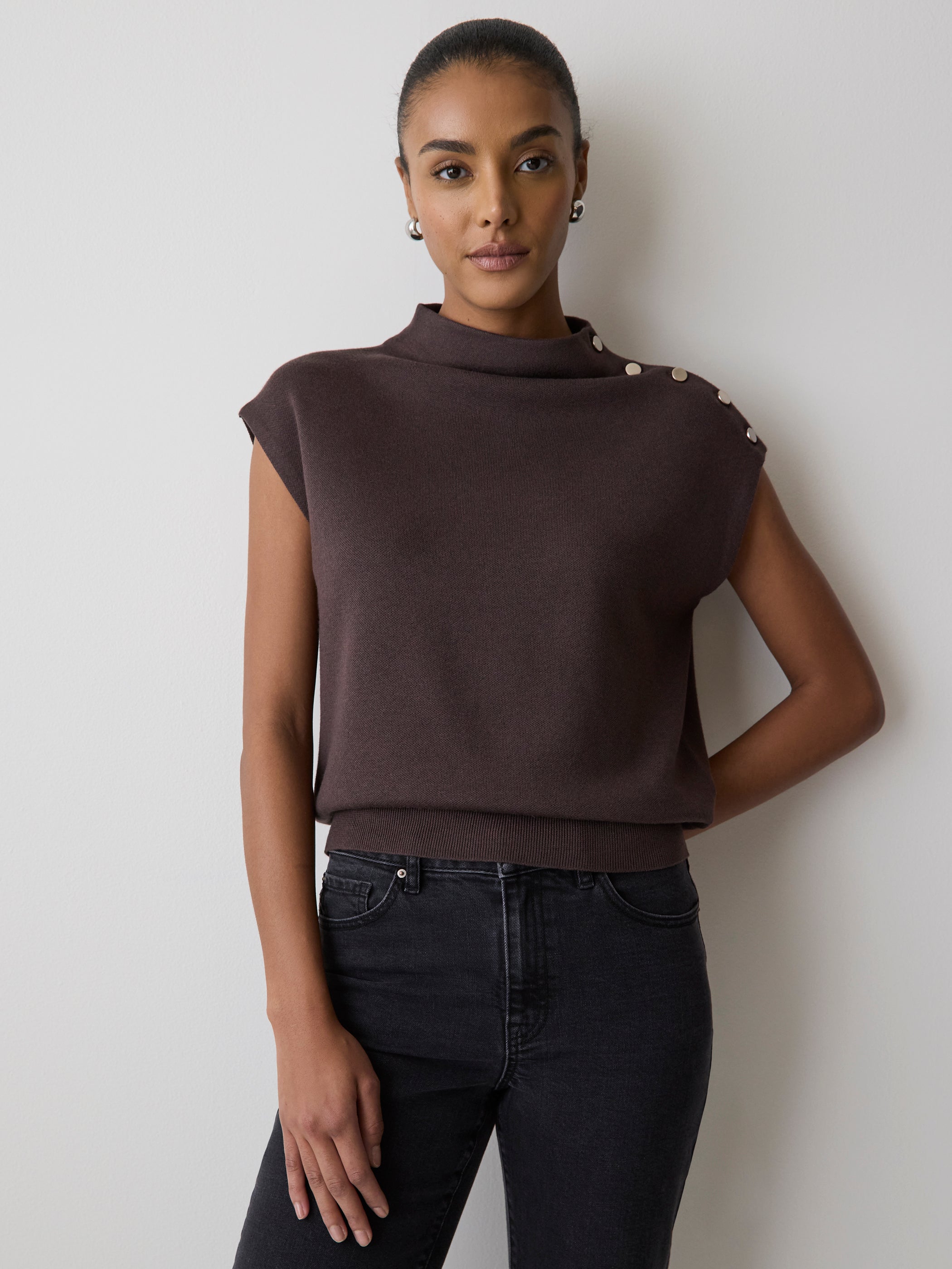 Sleeveless Mock-Neck Sweater with Buttons at Shoulder rw&co Great Value Deal