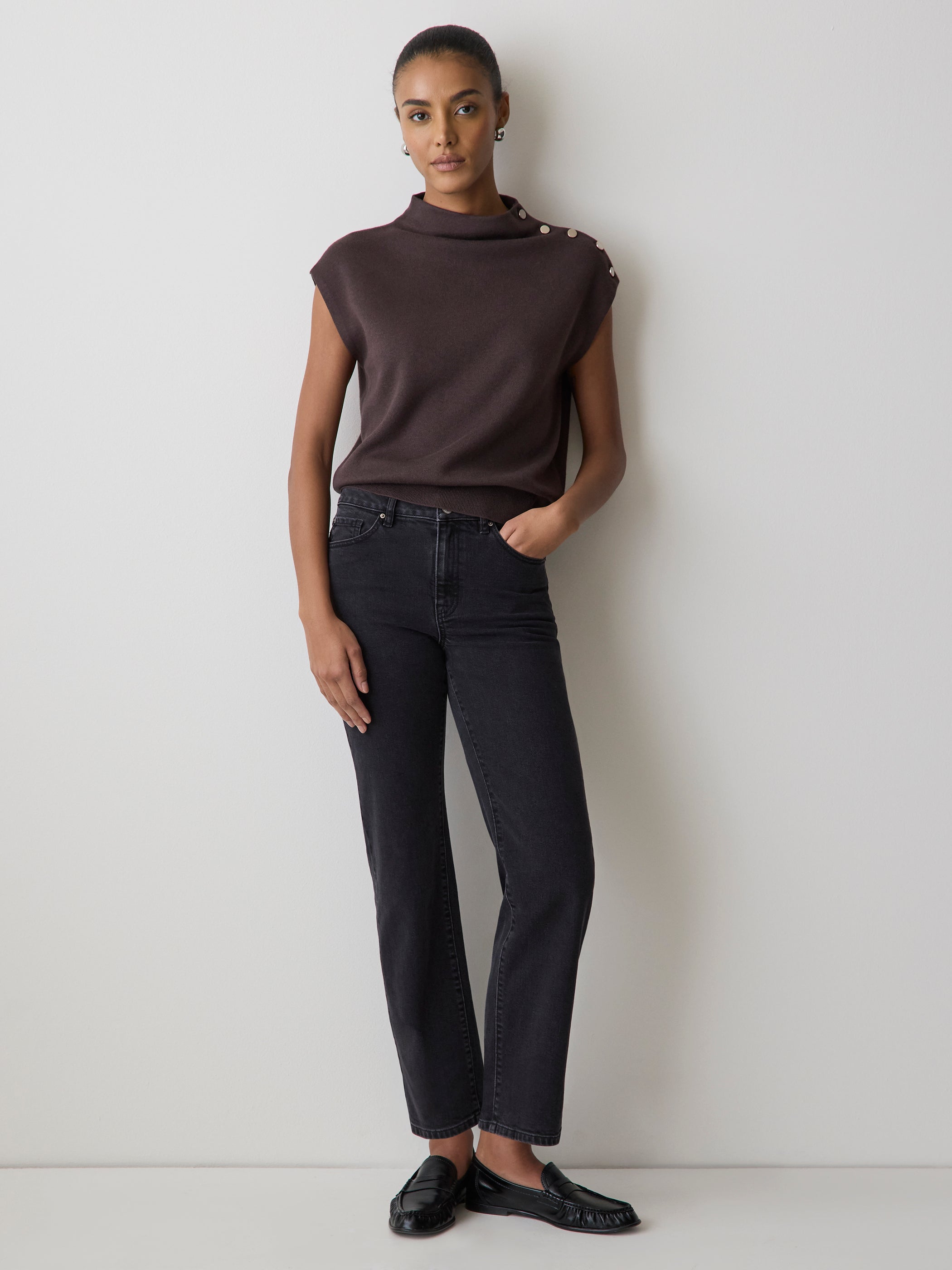 Sleeveless Mock-Neck Sweater with Buttons at Shoulder rw&co Great Value Deal