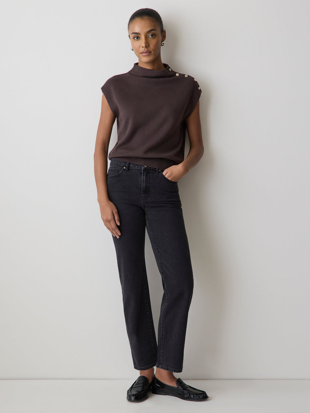 Sleeveless Mock-Neck Sweater with Buttons at Shoulder rw&co Great Value Deal