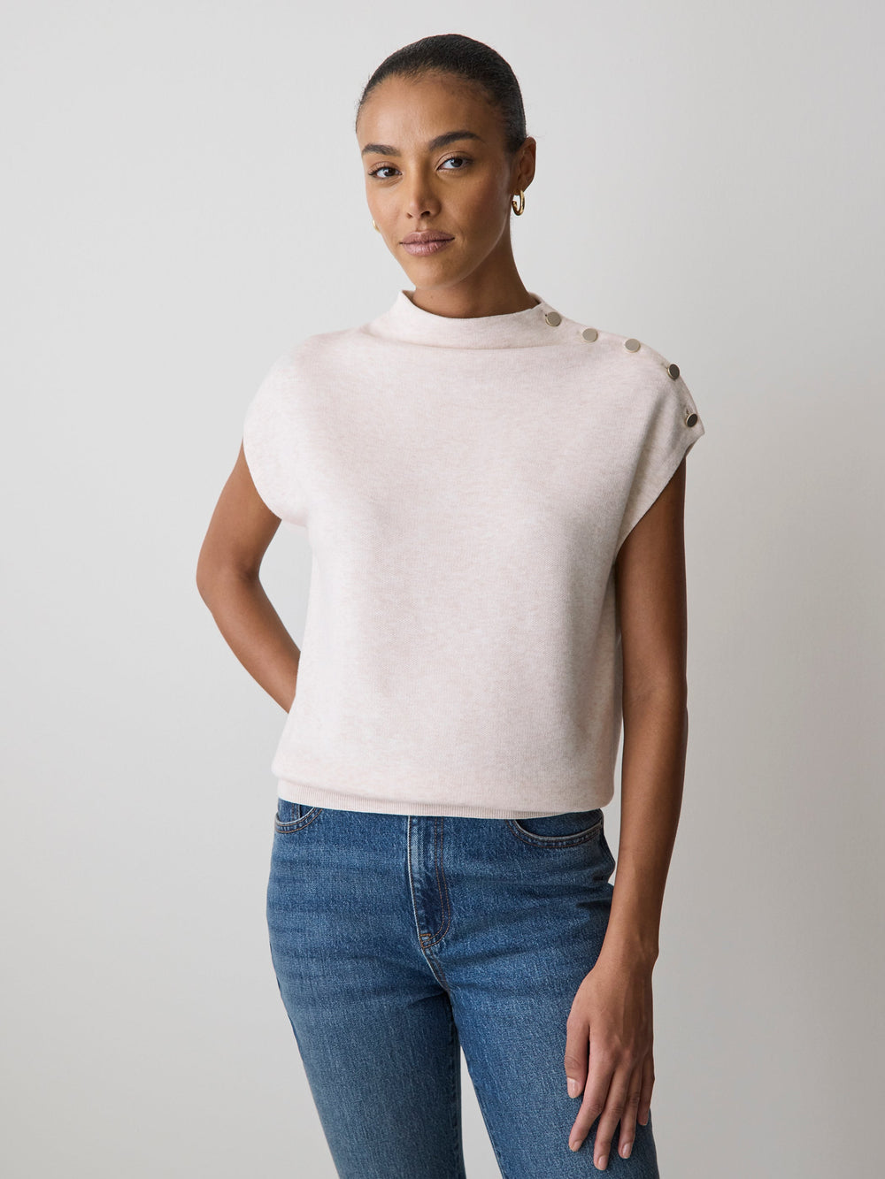 Sleeveless Mock-Neck Sweater with Buttons at Shoulder rw&co Great Value Deal