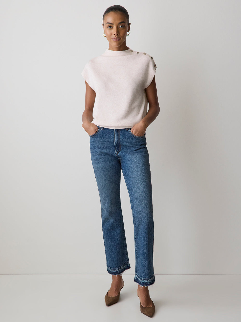 Sleeveless Mock-Neck Sweater with Buttons at Shoulder rw&co Great Value Deal