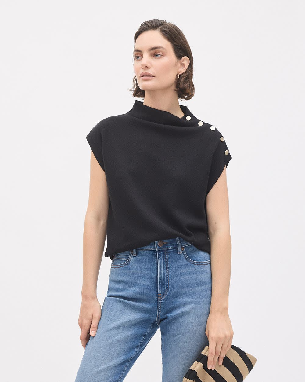 Sleeveless Mock-Neck Sweater with Buttons at Shoulder rw&co Great Value Deal