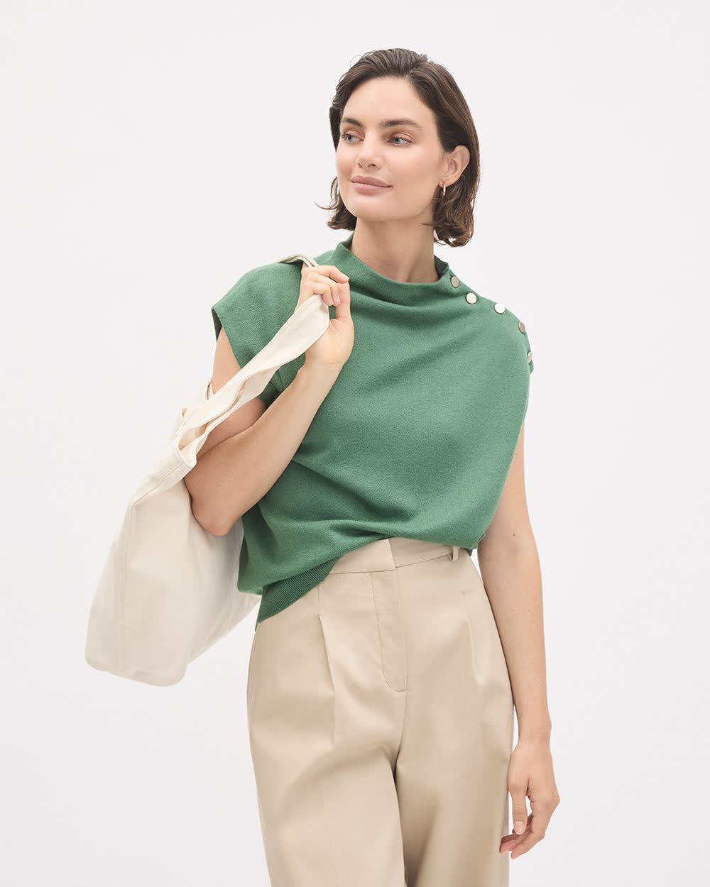 Sleeveless Mock-Neck Sweater with Buttons at Shoulder rw&co Great Value Deal