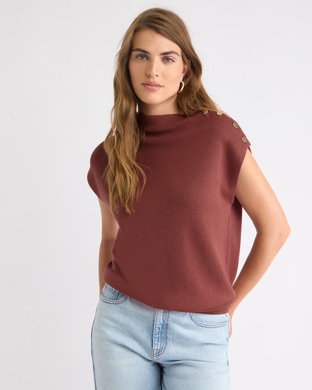 Sleeveless Mock-Neck Sweater with Buttons at Shoulder rw&co Great Value Deal