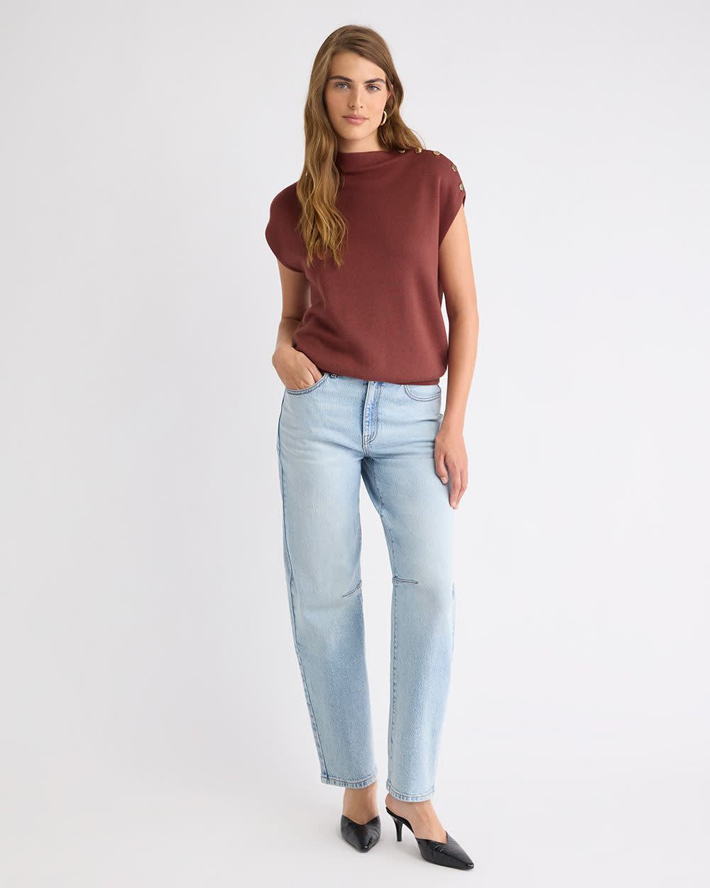 Sleeveless Mock-Neck Sweater with Buttons at Shoulder rw&co Great Value Deal