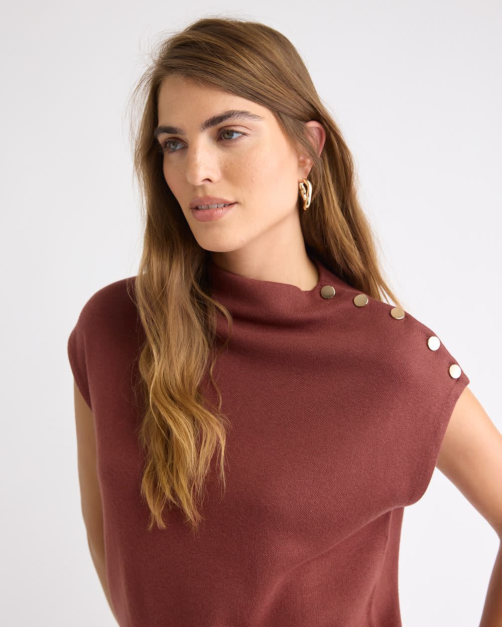 Sleeveless Mock-Neck Sweater with Buttons at Shoulder rw&co Great Value Deal