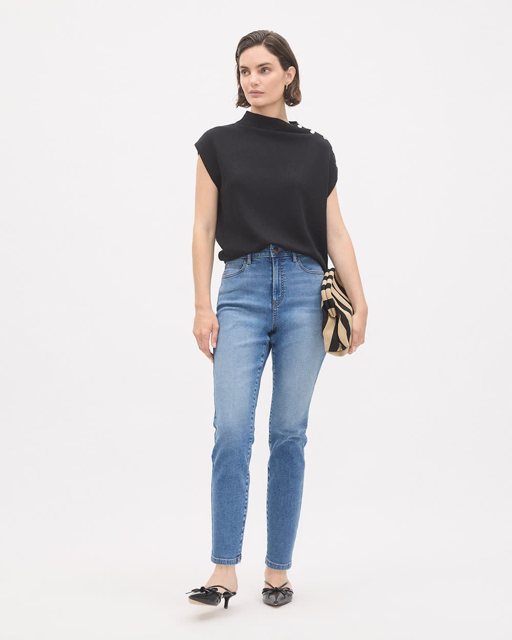 Sleeveless Mock-Neck Sweater with Buttons at Shoulder rw&co Great Value Deal