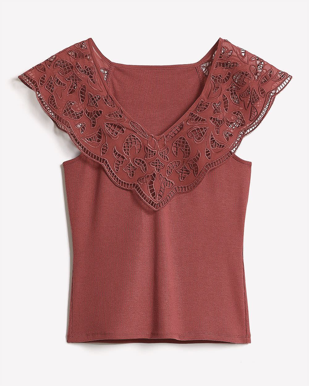 V-Neck Ribbed Top with Short Flutter Sleeves rw&co Special Promo Price