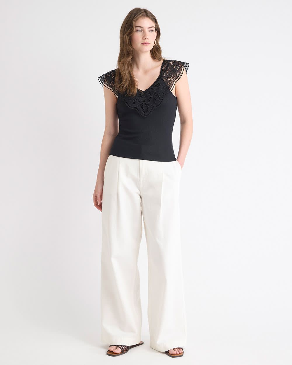 V-Neck Ribbed Top with Short Flutter Sleeves rw&co Special Promo Price