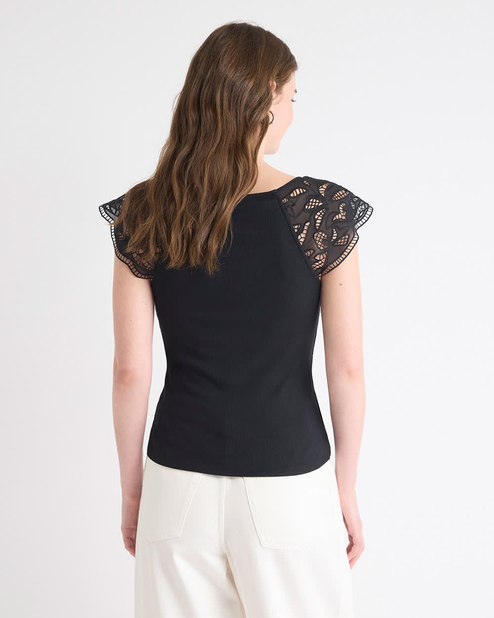 V-Neck Ribbed Top with Short Flutter Sleeves rw&co Special Promo Price