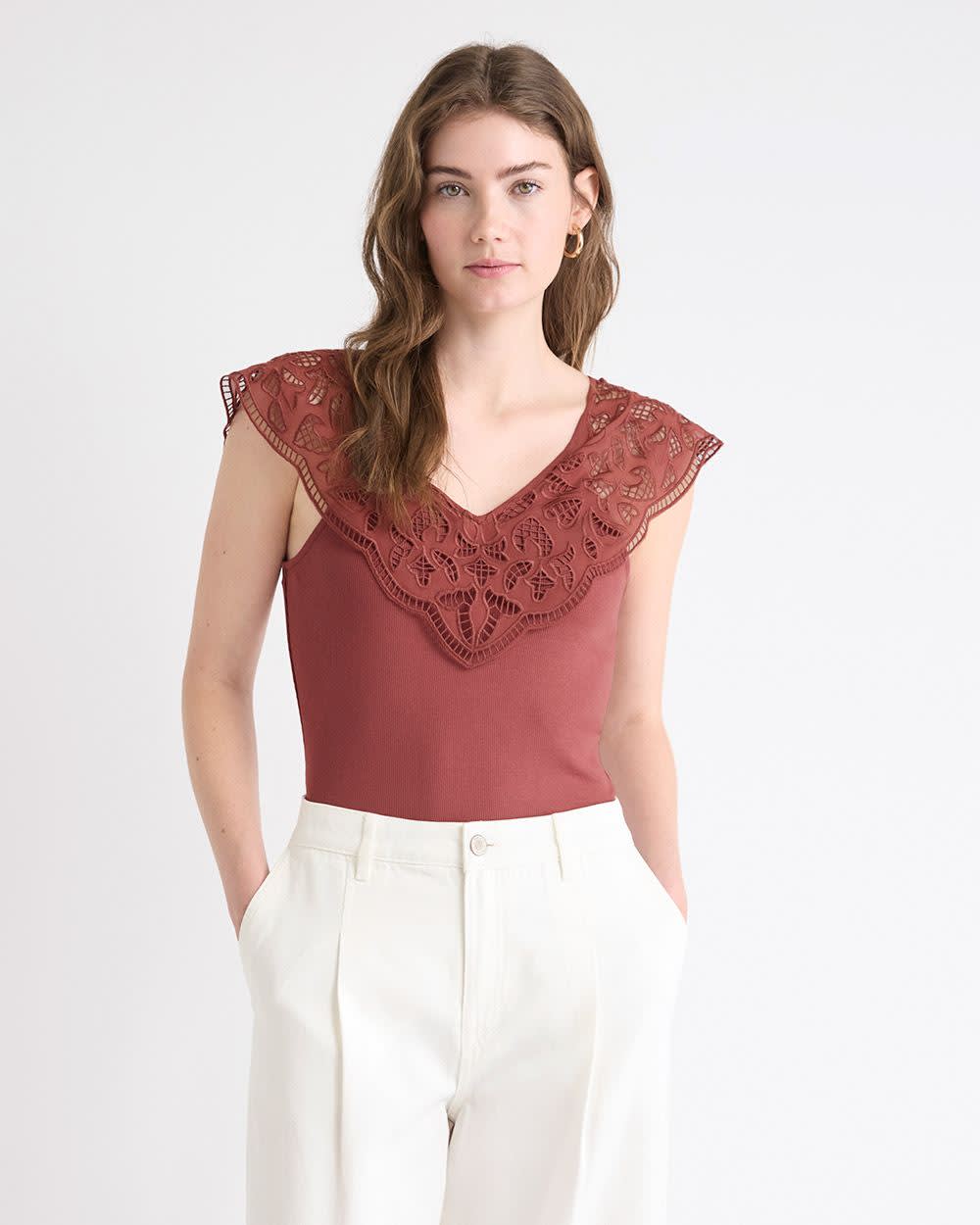 V-Neck Ribbed Top with Short Flutter Sleeves rw&co Special Promo Price