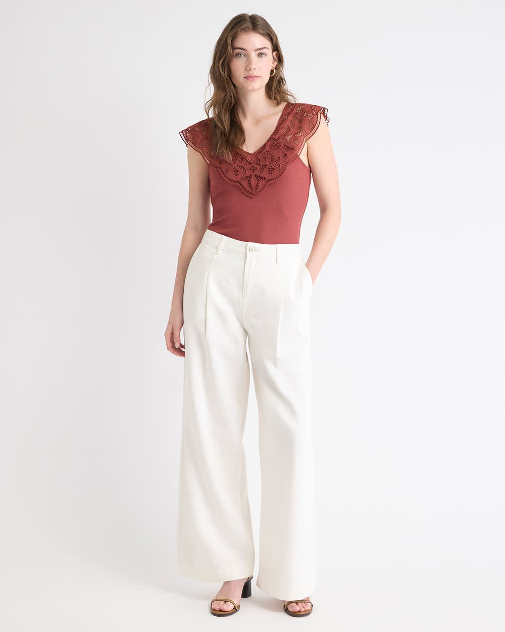 V-Neck Ribbed Top with Short Flutter Sleeves rw&co Special Promo Price