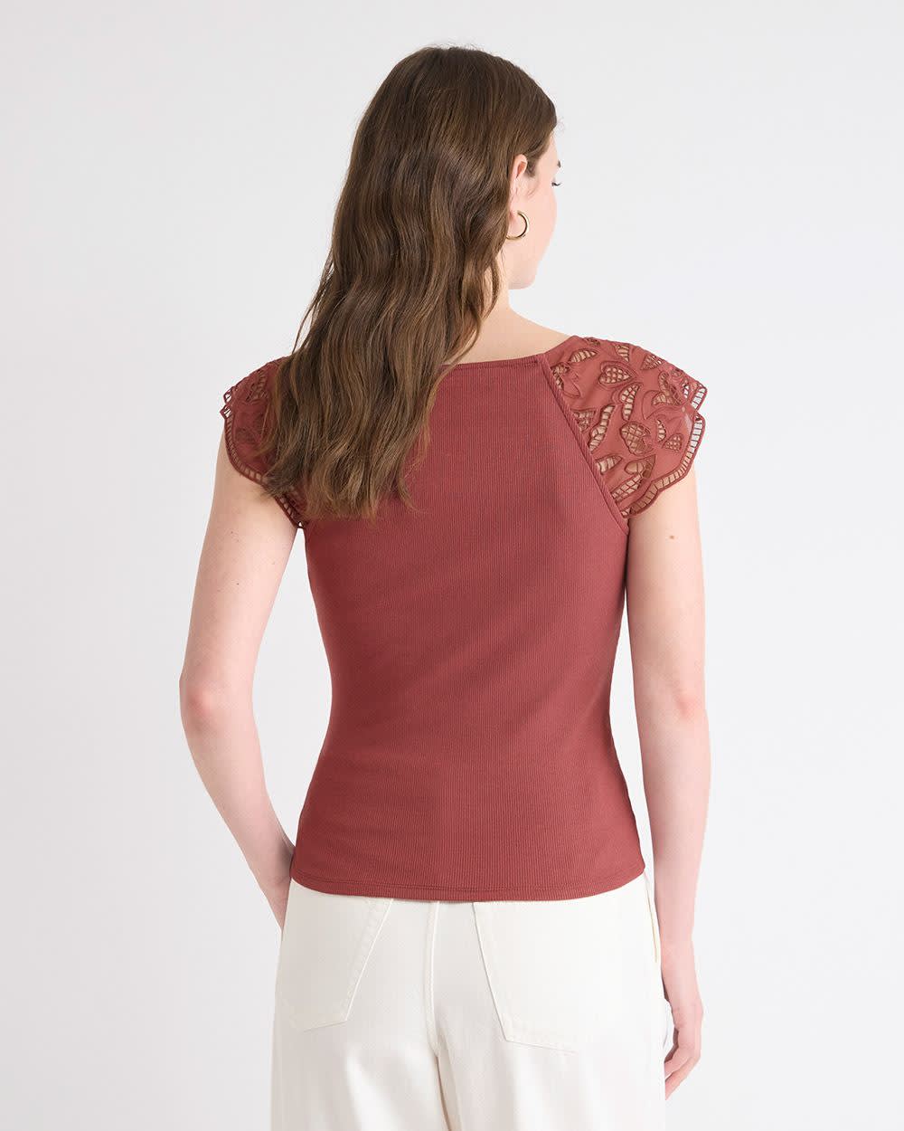 V-Neck Ribbed Top with Short Flutter Sleeves rw&co Special Promo Price