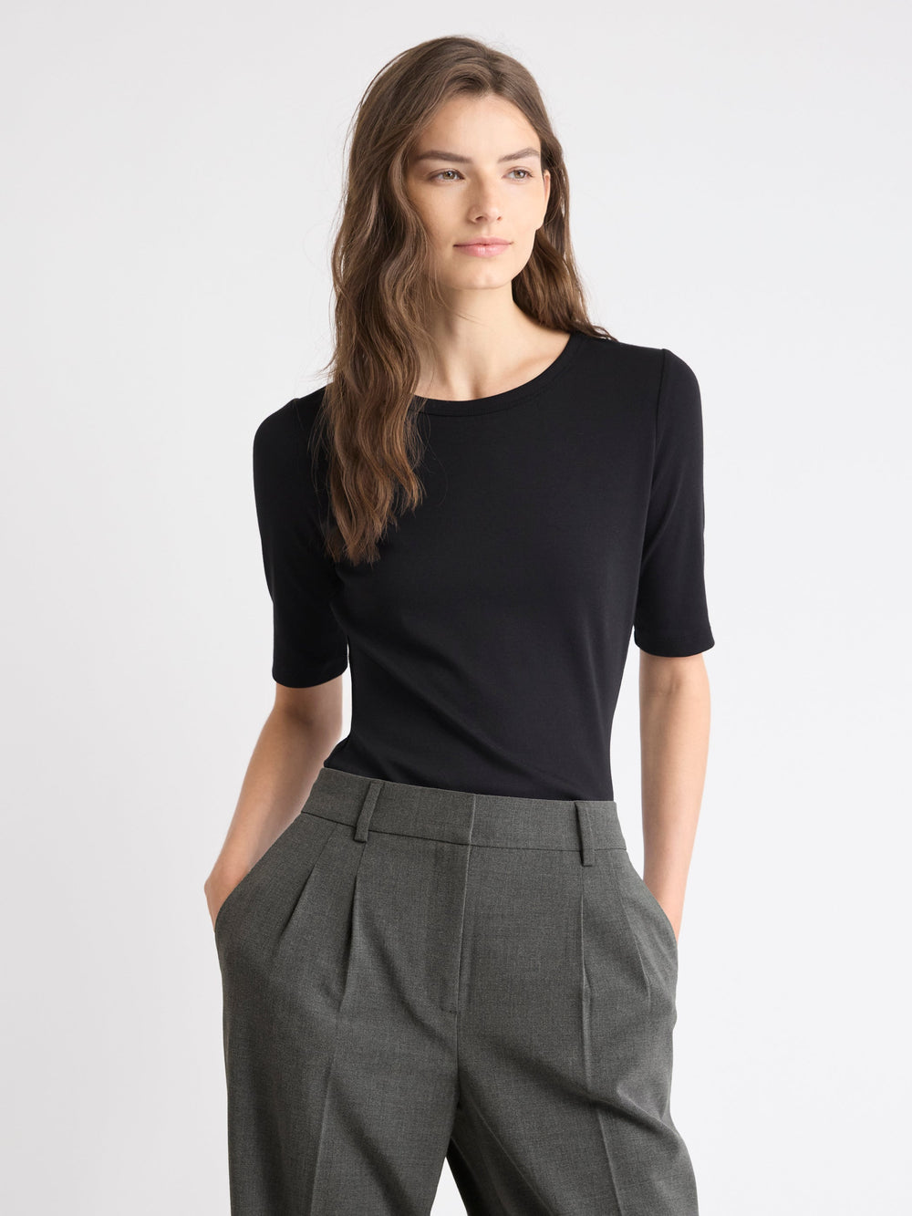 Elbow-Sleeve Crew-Neck Fitted Tee rw&co Special Offer