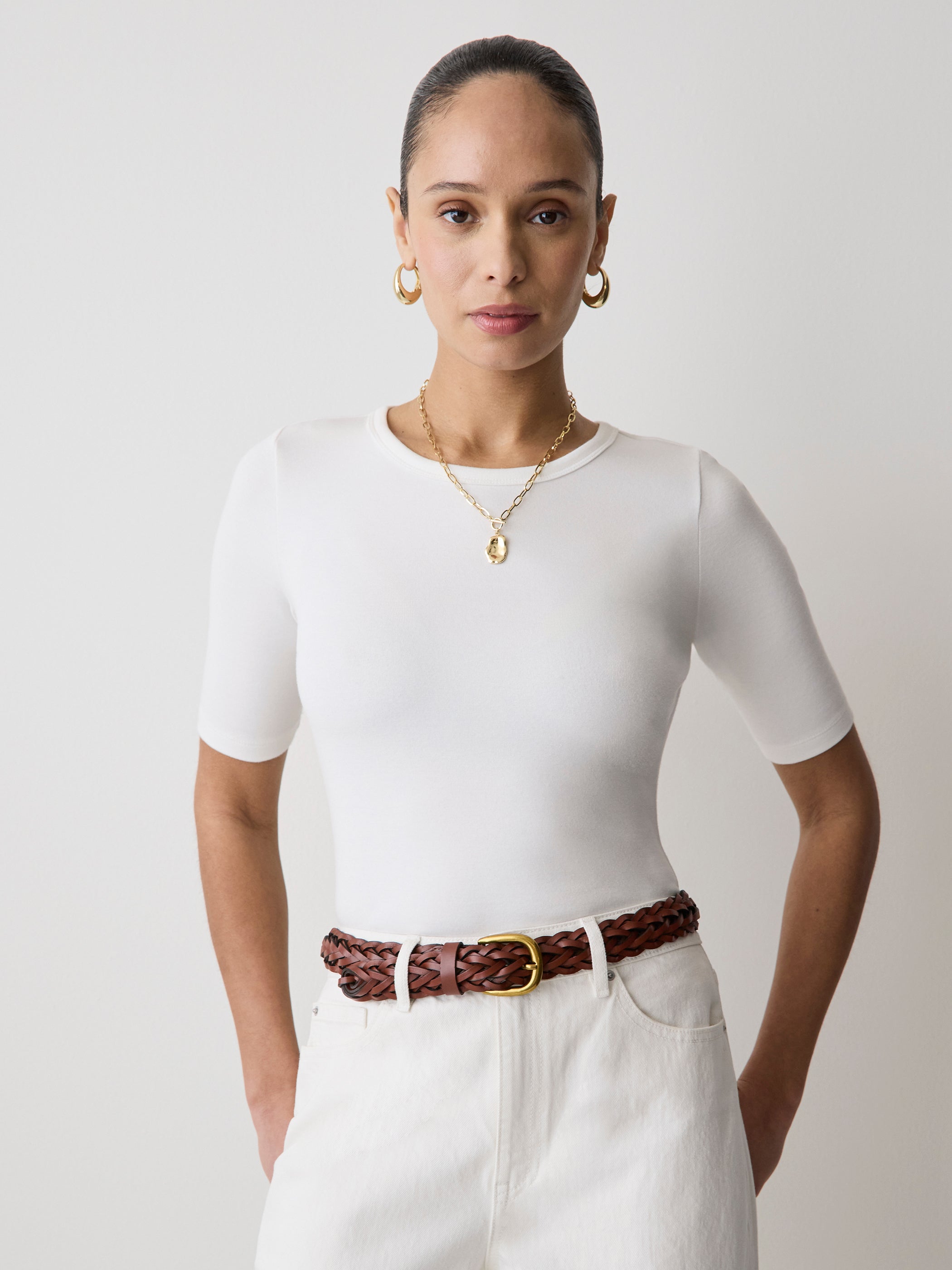 Elbow-Sleeve Crew-Neck Fitted Tee rw&co Special Offer