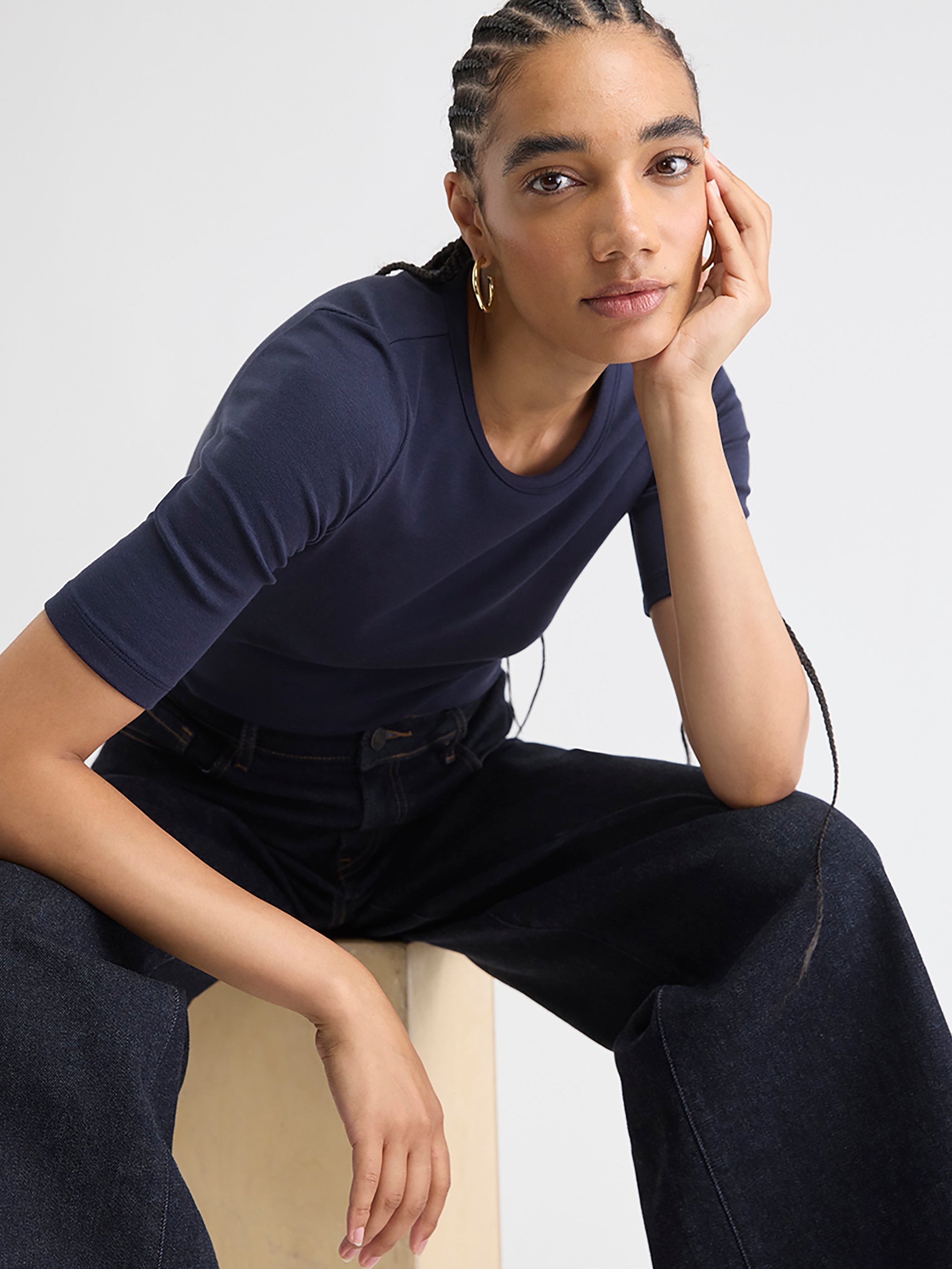 Elbow-Sleeve Crew-Neck Fitted Tee rw&co Special Promo Price