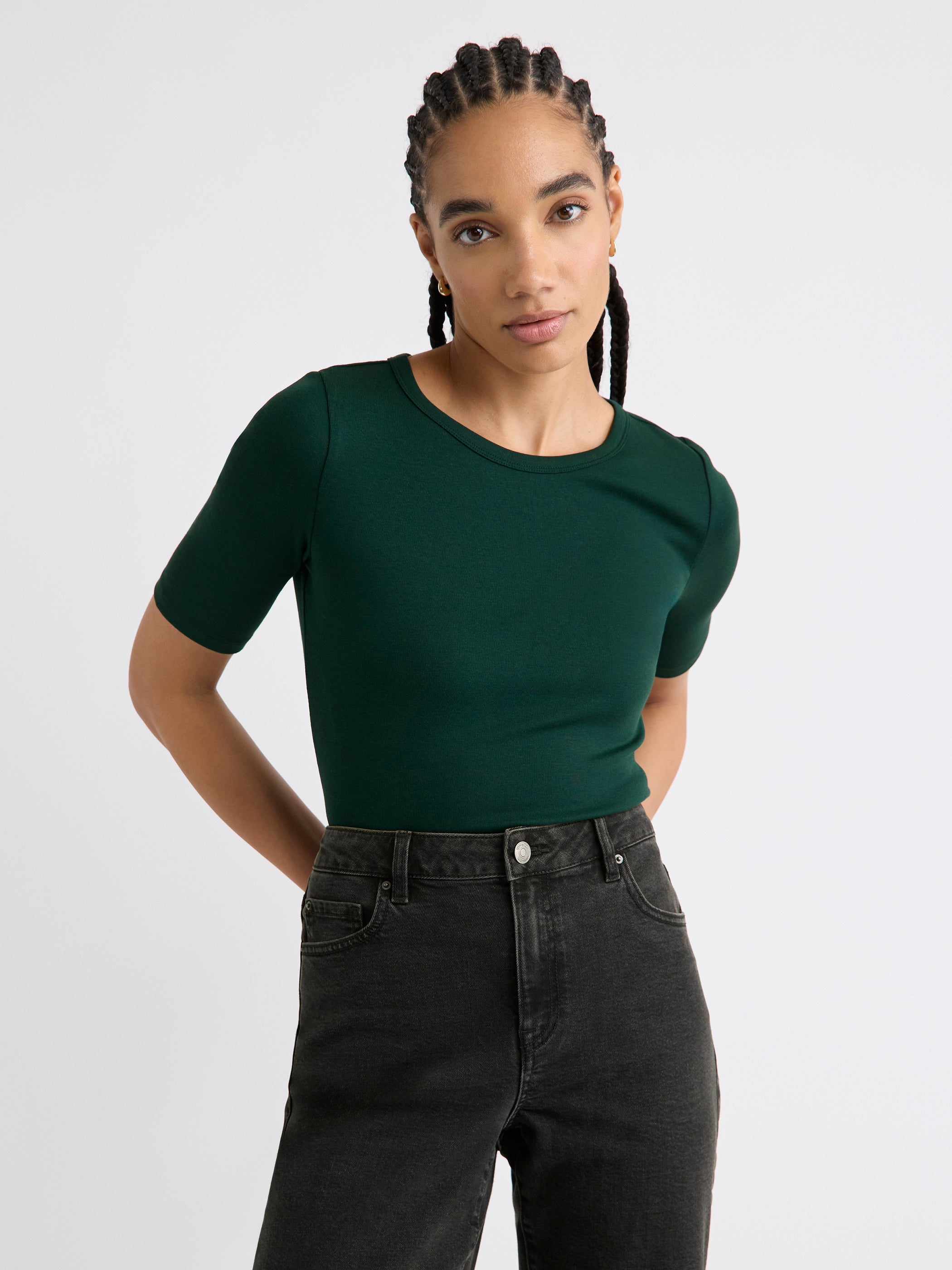 Elbow-Sleeve Crew-Neck Fitted Tee rw&co Special Promo Price