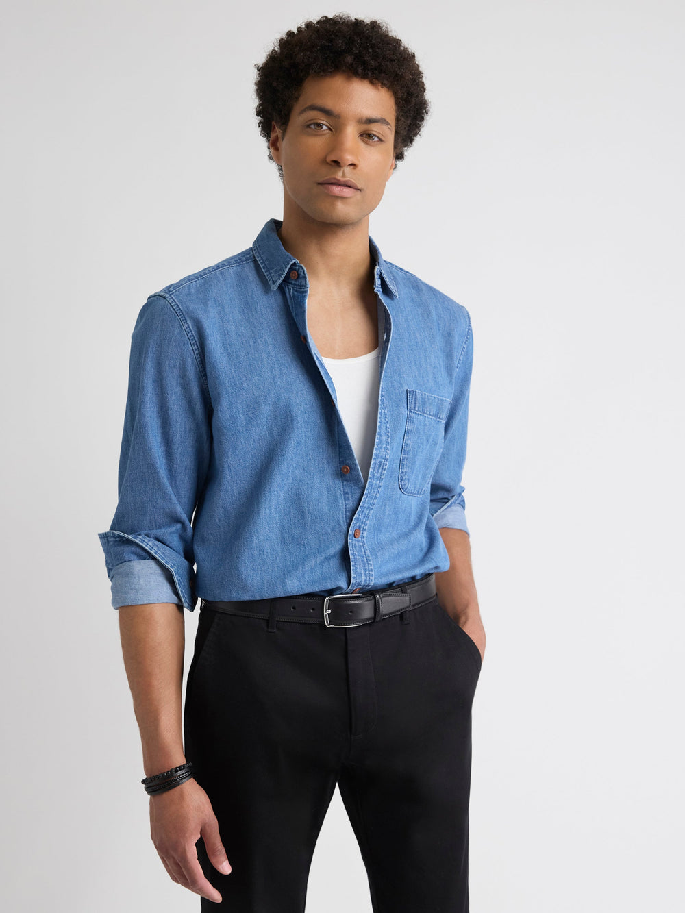 Long-Sleeve Denim Shirt with Chest Pocket rw&co Limited Time Discount
