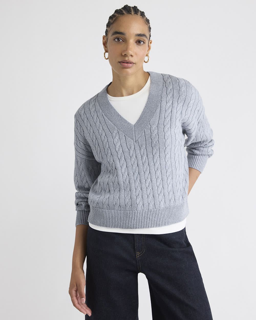 Long-Sleeve V-Neck Cable-Stitch Merino-Blend Sweater rw&co Special Offer