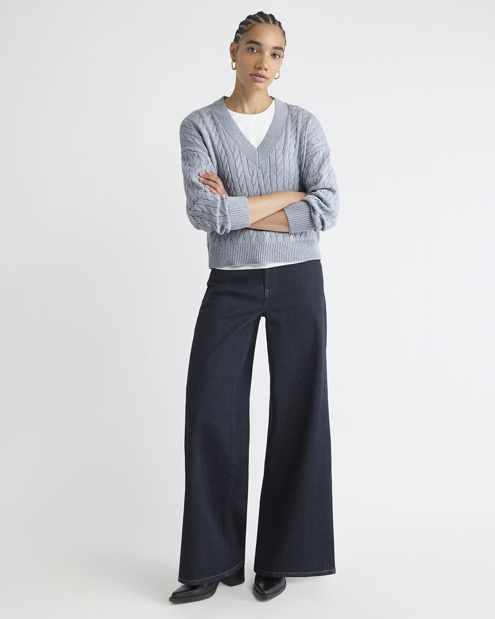 Long-Sleeve V-Neck Cable-Stitch Merino-Blend Sweater rw&co Special Offer