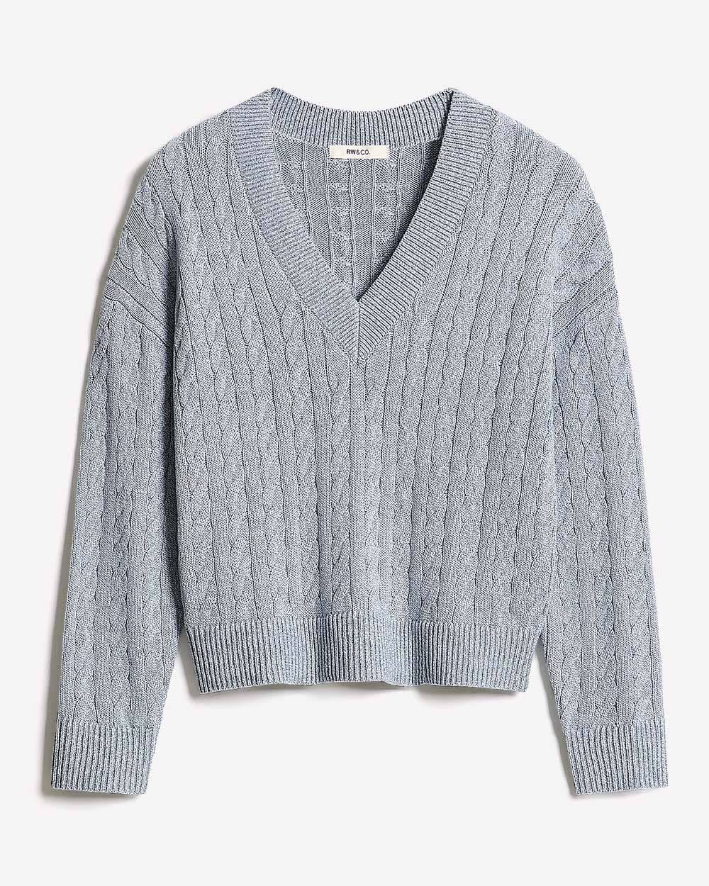 Long-Sleeve V-Neck Cable-Stitch Merino-Blend Sweater rw&co Special Offer
