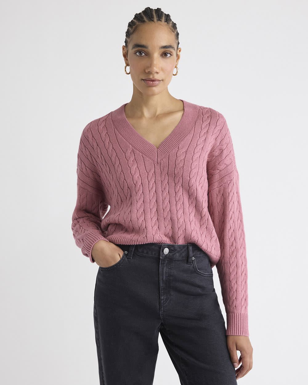 Long-Sleeve V-Neck Cable-Stitch Merino-Blend Sweater rw&co Special Offer