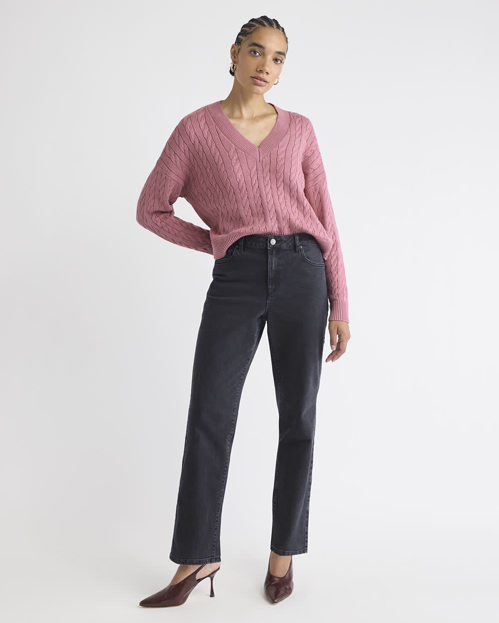 Long-Sleeve V-Neck Cable-Stitch Merino-Blend Sweater rw&co Special Offer