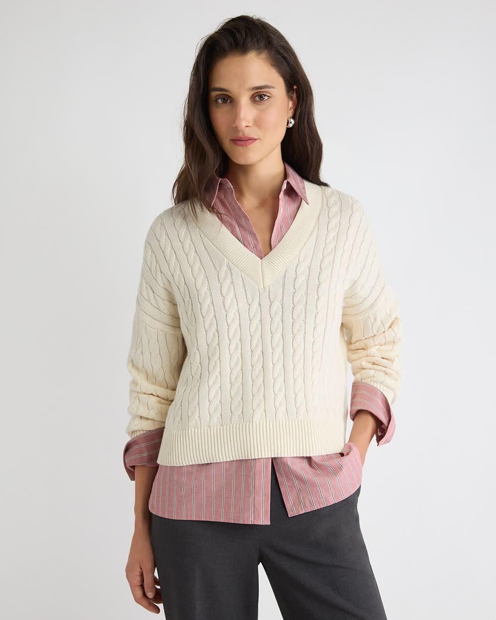 Long-Sleeve V-Neck Cable-Stitch Merino-Blend Sweater rw&co Special Offer