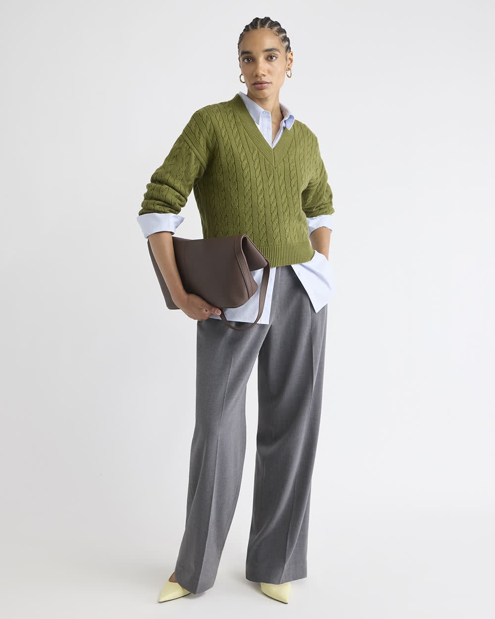 Long-Sleeve V-Neck Cable-Stitch Merino-Blend Sweater rw&co Special Offer