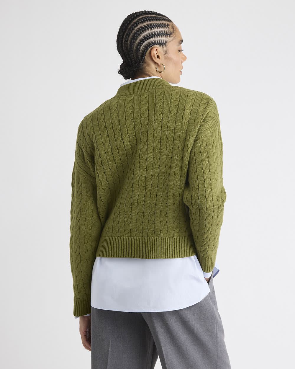 Long-Sleeve V-Neck Cable-Stitch Merino-Blend Sweater rw&co Special Offer