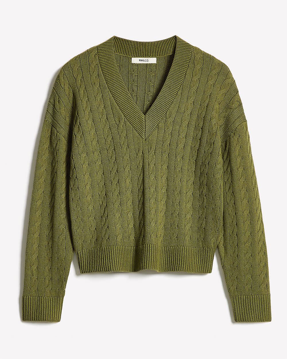 Long-Sleeve V-Neck Cable-Stitch Merino-Blend Sweater rw&co Special Offer