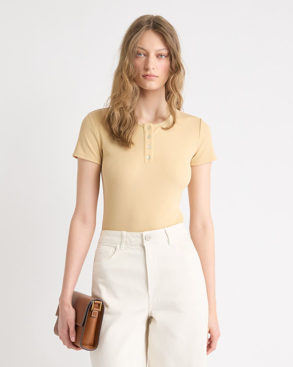 Short-Sleeve Ribbed Henley Top rw&co On Sale